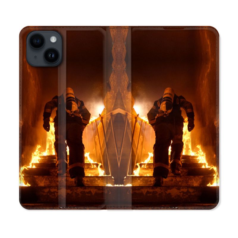 Housse Cuir Portefeuille Pour Iphone 15 (6,1) Pompier Escalier