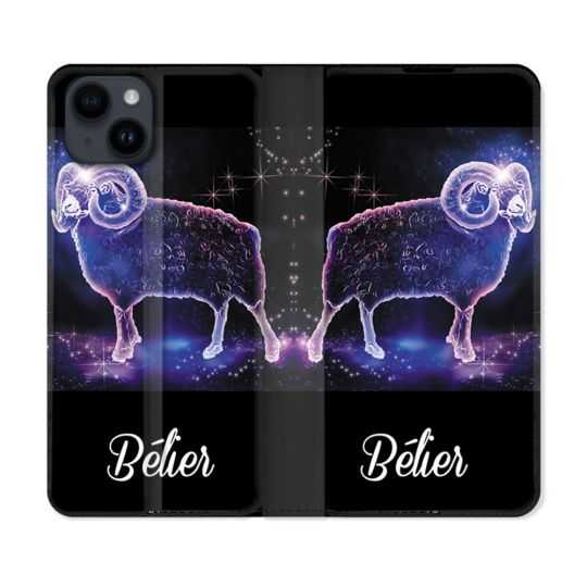 Housse Cuir Portefeuille Pour Iphone 15 (6,1) Signe Zodiaque 2 Bélier