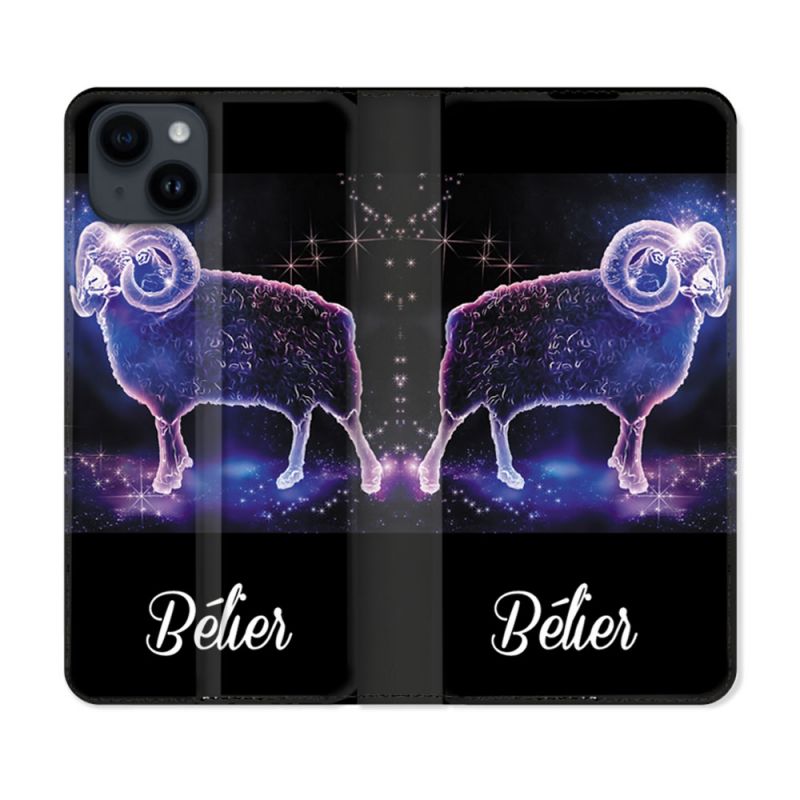 Housse Cuir Portefeuille Pour Iphone 15 (6,1) Signe Zodiaque 2 Bélier