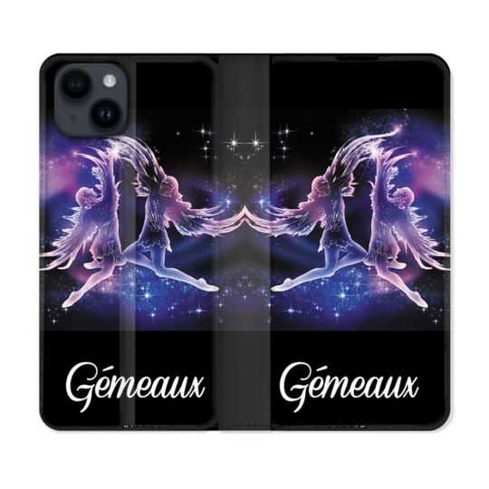 Housse Cuir Portefeuille Pour Iphone 15 (6,1) Signe Zodiaque 2 Gémeaux