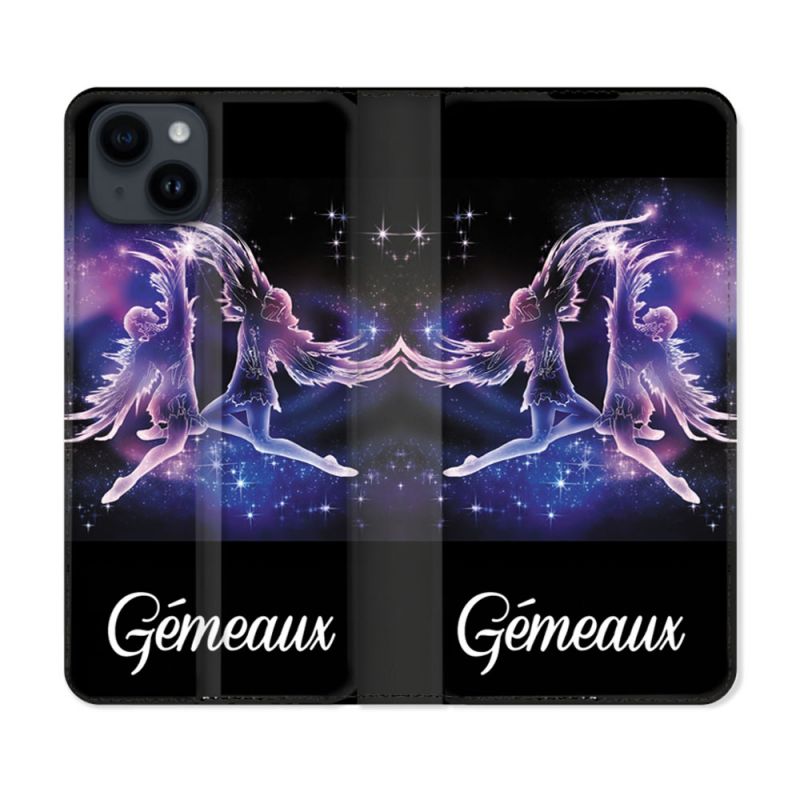 Housse Cuir Portefeuille Pour Iphone 15 (6,1) Signe Zodiaque 2 Gémeaux