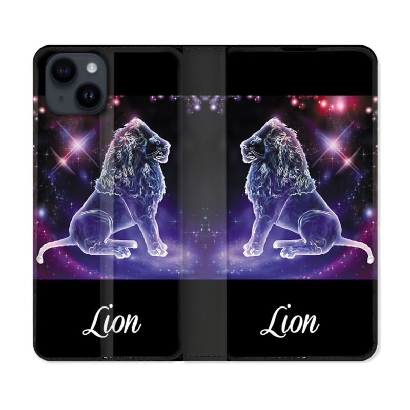 Housse Cuir Portefeuille Pour Iphone 15 (6,1) Signe Zodiaque 2 Lion
