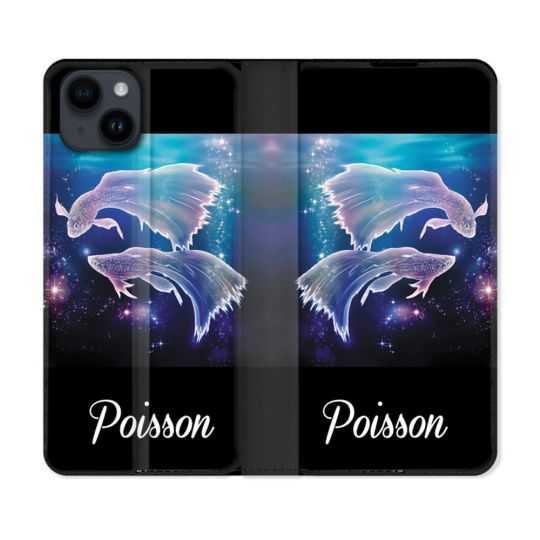 Housse Cuir Portefeuille Pour Iphone 15 (6,1) Signe Zodiaque 2 Poisson
