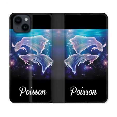 Housse Cuir Portefeuille Pour Iphone 15 (6,1) Signe Zodiaque 2 Poisson