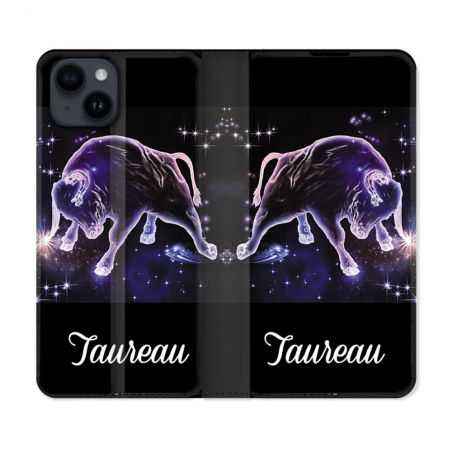 Housse Cuir Portefeuille Pour Iphone 15 (6,1) Signe Zodiaque 2 Taureau