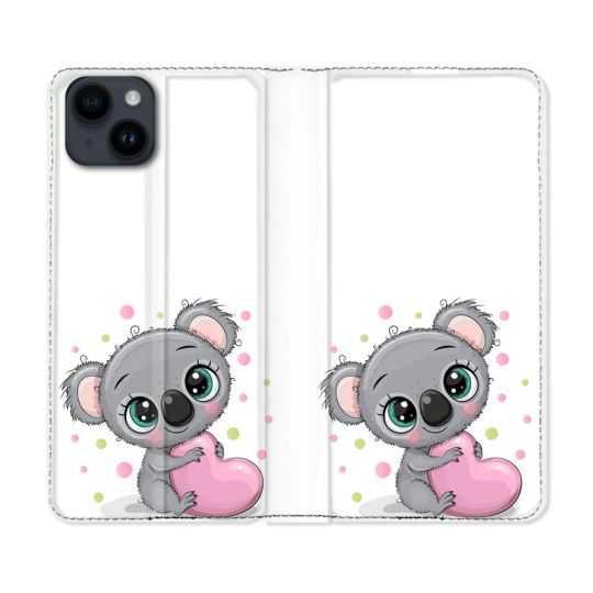 Housse Cuir Portefeuille Pour Iphone 15 Plus (6,7) Animal Koala Cœur