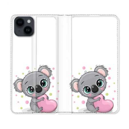 Housse Cuir Portefeuille Pour Iphone 15 Plus (6,7) Animal Koala Cœur