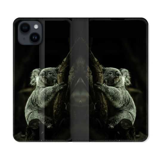 Housse Cuir Portefeuille Pour Iphone 15 Plus (6,7) Animal Koala Noir