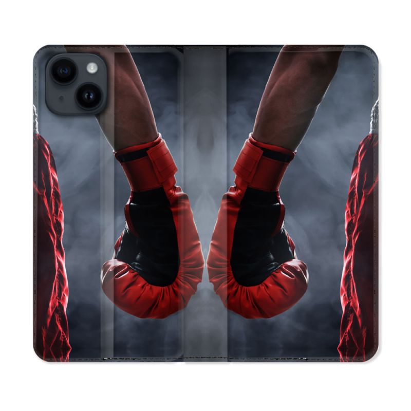 Housse Cuir Portefeuille Pour Iphone 15 (6,1) Sport Boxe Gant Rouge