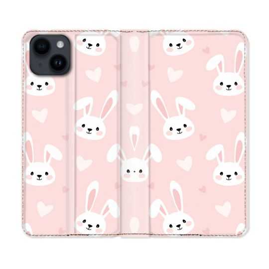 Housse Cuir Portefeuille Pour Iphone 15 Plus (6,7) Animal Lapin Rose