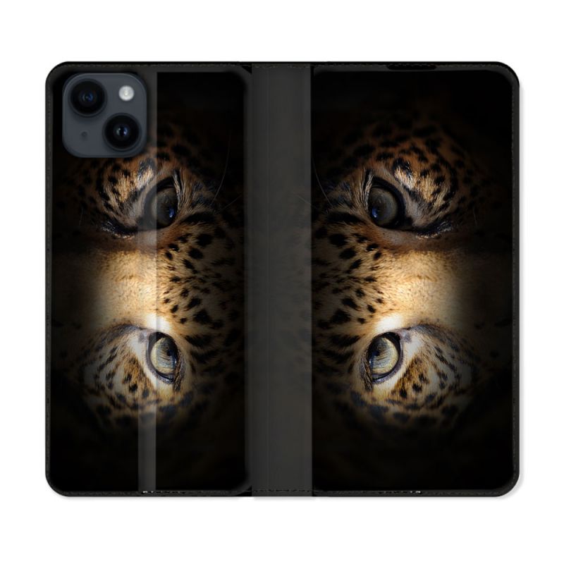 Housse Cuir Portefeuille Pour Iphone 15 Plus (6,7) Animal Leopard Yeux