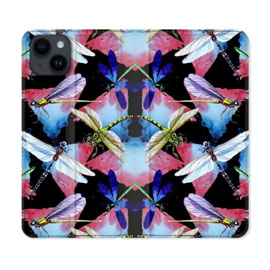 Housse Cuir Portefeuille Pour Iphone 15 Plus (6,7) Animal Libellule