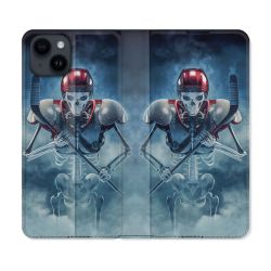 Housse Cuir Portefeuille Pour Iphone 15 (6,1) Sport Hockey Squelette