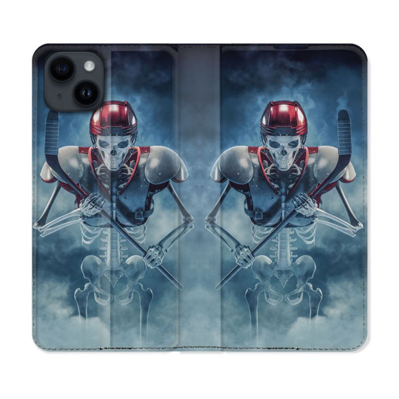 Housse Cuir Portefeuille Pour Iphone 15 (6,1) Sport Hockey Squelette