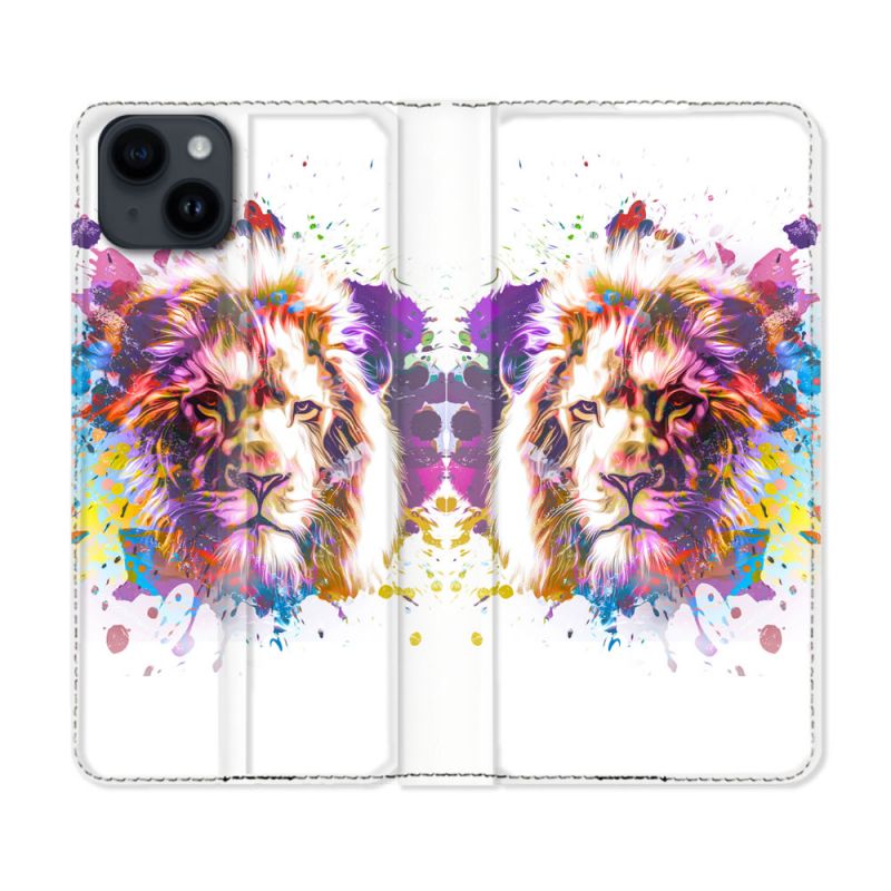 Housse Cuir Portefeuille Pour Iphone 15 Plus (6,7) Animal Lion Tag