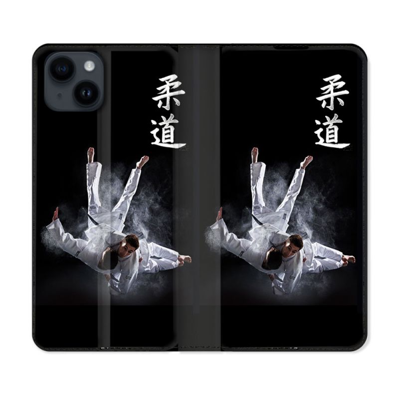 Housse Cuir Portefeuille Pour Iphone 15 (6,1) Sport Judo Noir