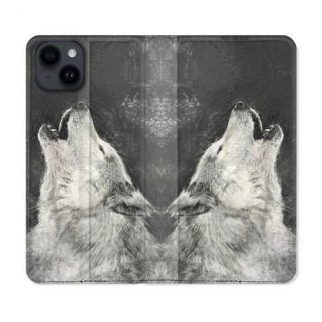 Housse Cuir Portefeuille Pour Iphone 15 Plus (6,7) Animal Loup Hurlement