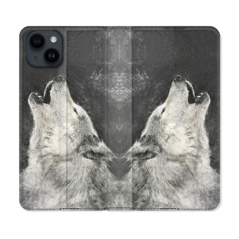 Housse Cuir Portefeuille Pour Iphone 15 Plus (6,7) Animal Loup Hurlement