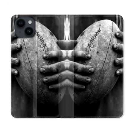 Housse Cuir Portefeuille Pour Iphone 15 (6,1) Sport Rugby Ballon Vintage