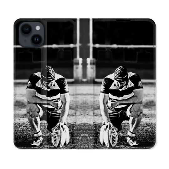 Housse Cuir Portefeuille Pour Iphone 15 (6,1) Sport Rugby Noir Blanc