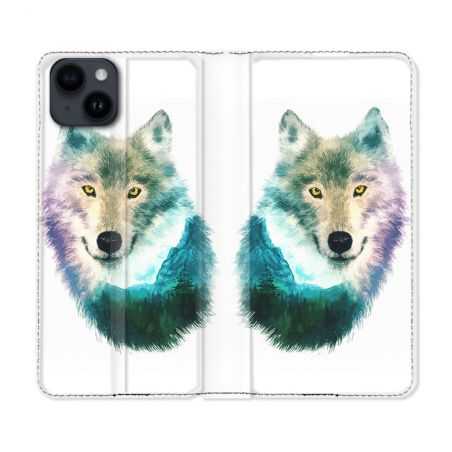 Housse Cuir Portefeuille Pour Iphone 15 Plus (6,7) Animal Loup Montagne
