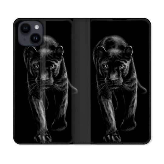 Housse Cuir Portefeuille Pour Iphone 15 Plus (6,7) Animal Panthère Noire