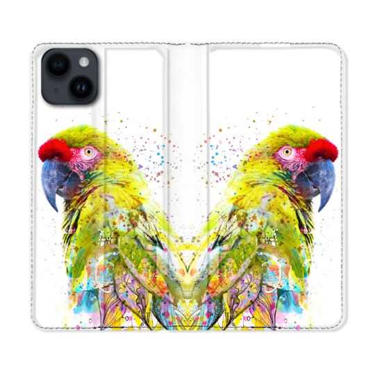 Housse Cuir Portefeuille Pour Iphone 15 Plus (6,7) Animal Perroquet Jaune