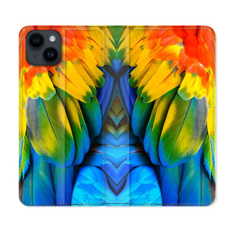 Housse Cuir Portefeuille Pour Iphone 15 Plus (6,7) Animal Perroquet Plume