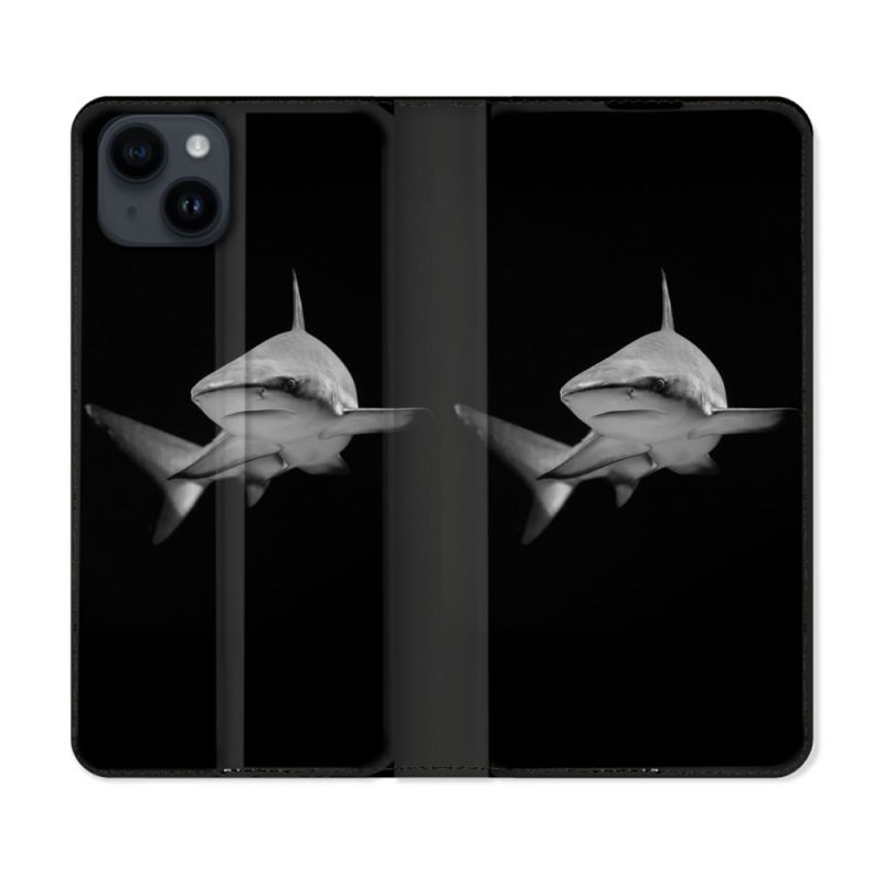 Housse Cuir Portefeuille Pour Iphone 15 Plus (6,7) Animal Requin Sombre