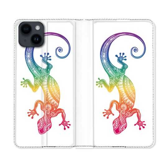 Housse Cuir Portefeuille Pour Iphone 15 Plus (6,7) Animal Salamandre Color