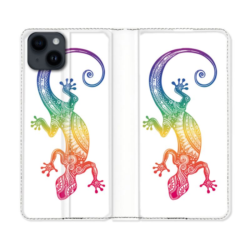 Housse Cuir Portefeuille Pour Iphone 15 Plus (6,7) Animal Salamandre Color