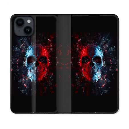 Housse Cuir Portefeuille Pour Iphone 15 (6,1) Tete de Mort Deflagration