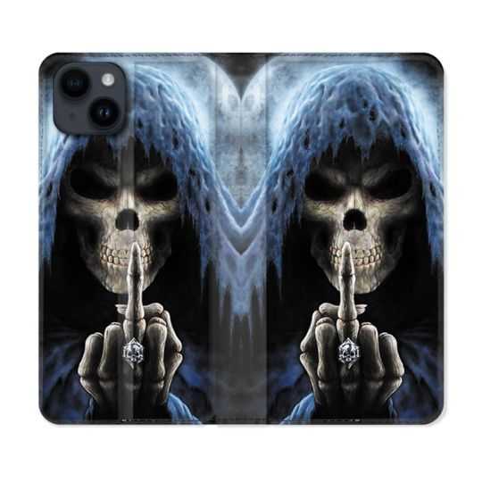 Housse Cuir Portefeuille Pour Iphone 15 (6,1) Tete de Mort Doigt