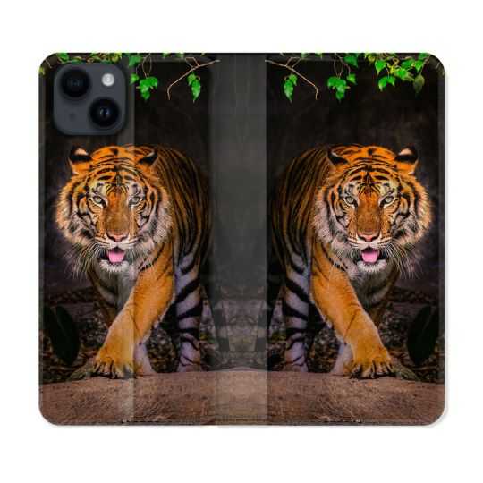 Housse Cuir Portefeuille Pour Iphone 15 Plus (6,7) Animal Tigre Jungle