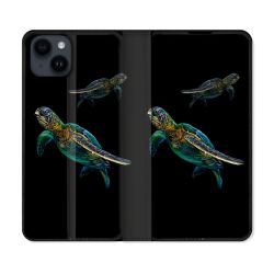Housse Cuir Portefeuille Pour Iphone 15 Plus (6,7) Animal Tortue Noire multicolore