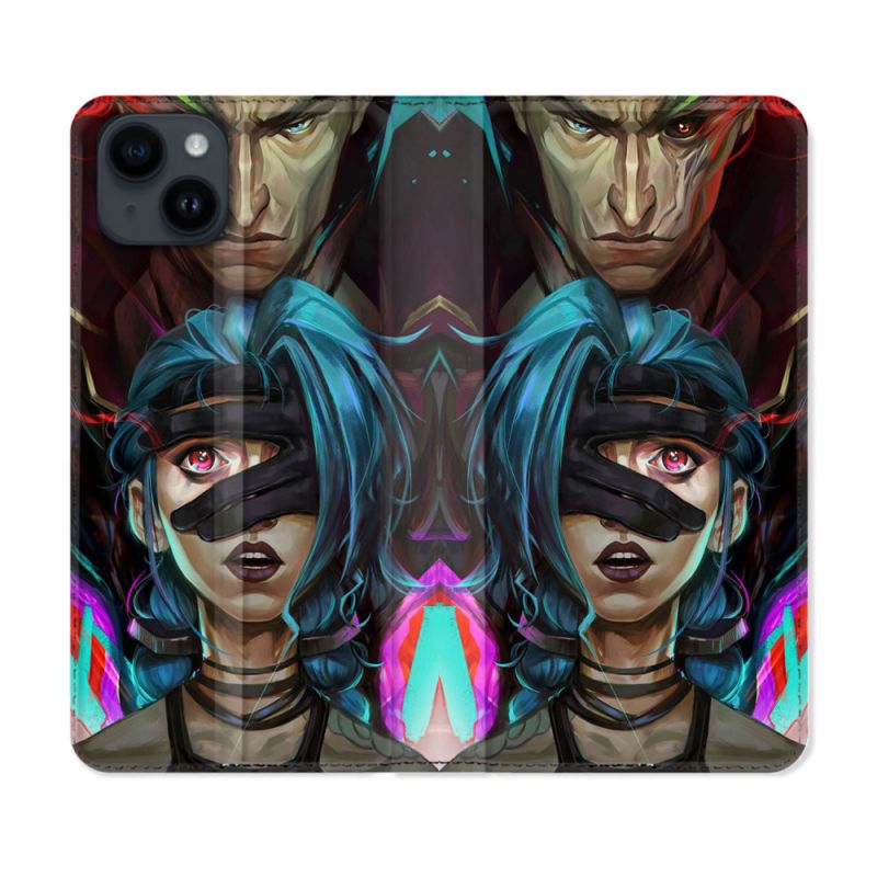 Housse Cuir Portefeuille Pour Iphone 15 Plus (6,7) Arcane Jynx Bleu