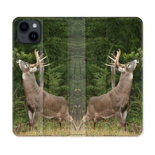Housse Cuir Portefeuille Pour Iphone 15 Plus (6,7) Chasse Cerf