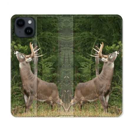Housse Cuir Portefeuille Pour Iphone 15 Plus (6,7) Chasse Cerf