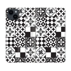 Housse Cuir Portefeuille Pour Iphone 15 (6,1) Texture Carreau Ciment Noir