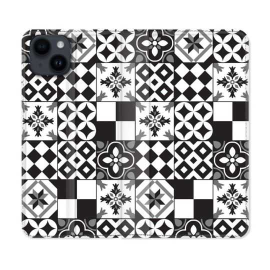 Housse Cuir Portefeuille Pour Iphone 15 (6,1) Texture Carreau Ciment Noir