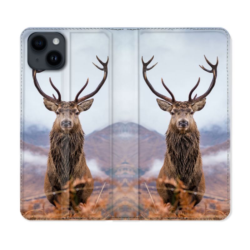 Housse Cuir Portefeuille Pour Iphone 15 Plus (6,7) Chasse Chevreuil Montagne