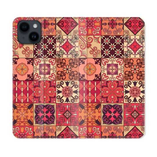 Housse Cuir Portefeuille Pour Iphone 15 (6,1) Texture Carreau Ciment Rouge