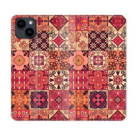 Housse Cuir Portefeuille Pour Iphone 15 (6,1) Texture Carreau Ciment Rouge