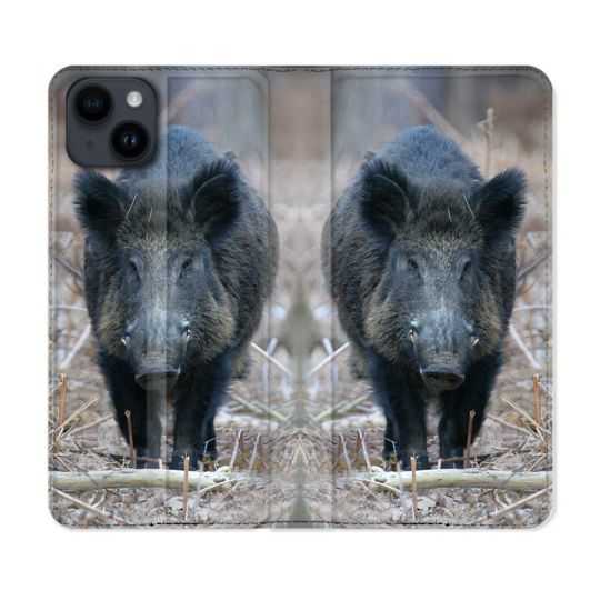 Housse Cuir Portefeuille Pour Iphone 15 Plus (6,7) Chasse Sanglier Pin
