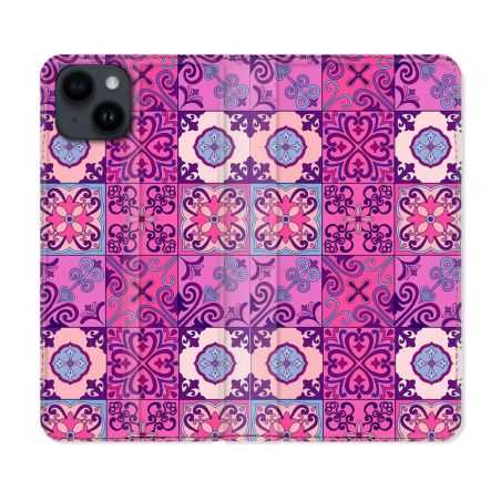 Housse Cuir Portefeuille Pour Iphone 15 (6,1) Texture Carreau Ciment Violet