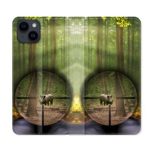 Housse Cuir Portefeuille Pour Iphone 15 Plus (6,7) Chasse Sanglier Viseur