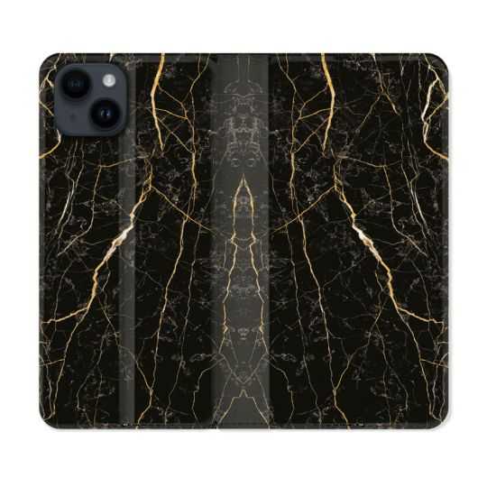 Housse Cuir Portefeuille Pour Iphone 15 (6,1) Texture Marbre Noir