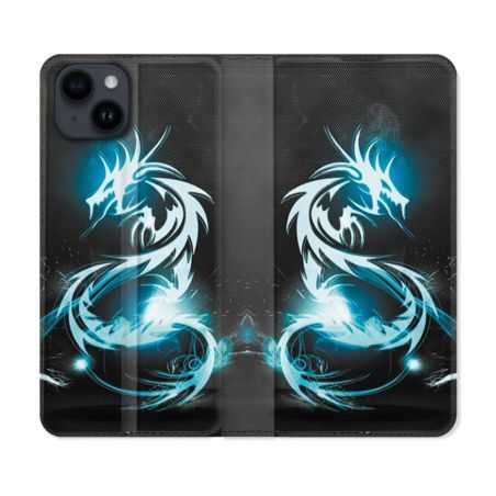 Housse Cuir Portefeuille Pour Iphone 15 Plus (6,7) Fantastique Dragon Bleu