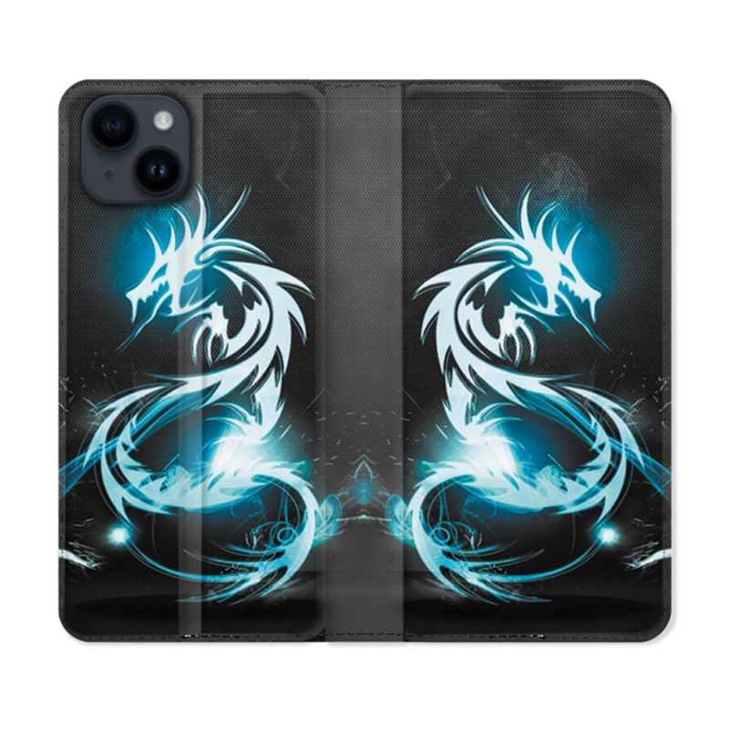 Housse Cuir Portefeuille Pour Iphone 15 Plus (6,7) Fantastique Dragon Bleu