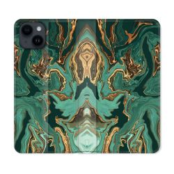 Housse Cuir Portefeuille Pour Iphone 15 (6,1) Texture Marbre Vert